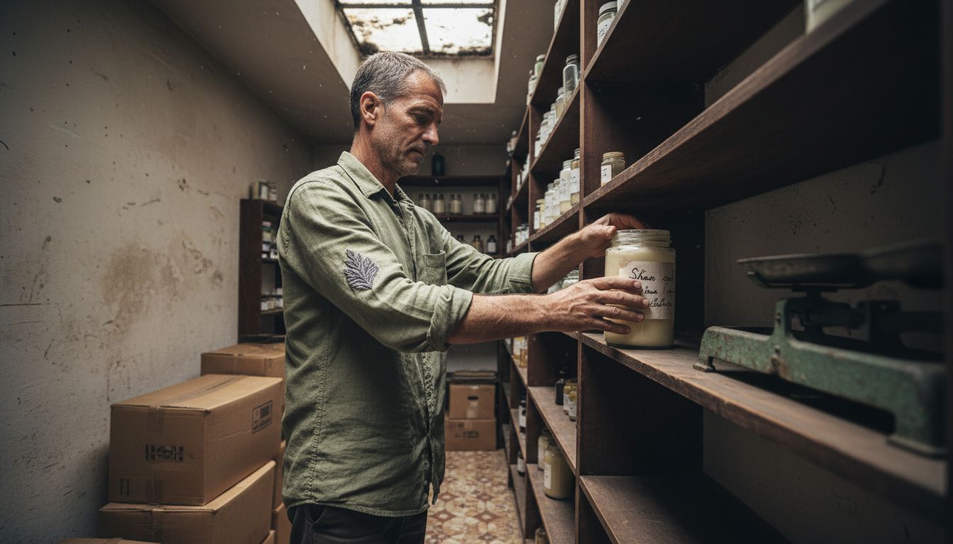 Man organizing clean beauty ingredient jars