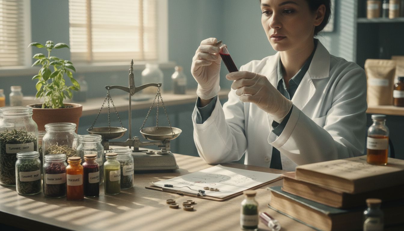 Technician inspects plant-based cosmetic samples