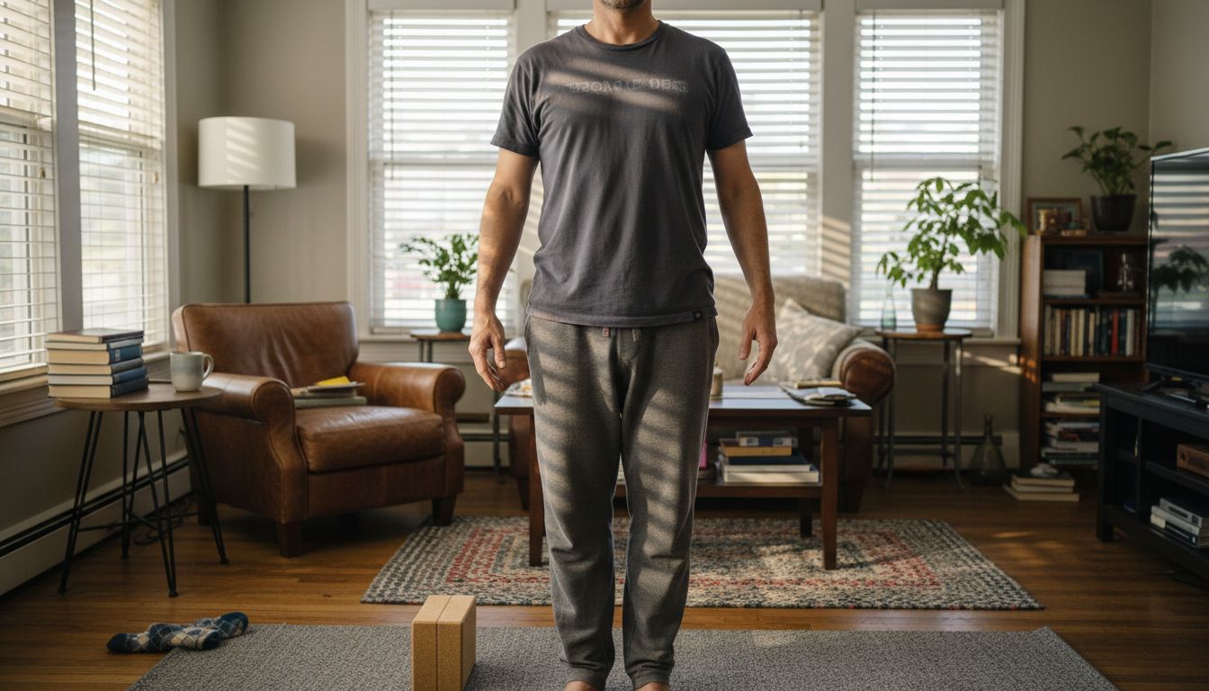 Adult practicing Mountain Pose at home