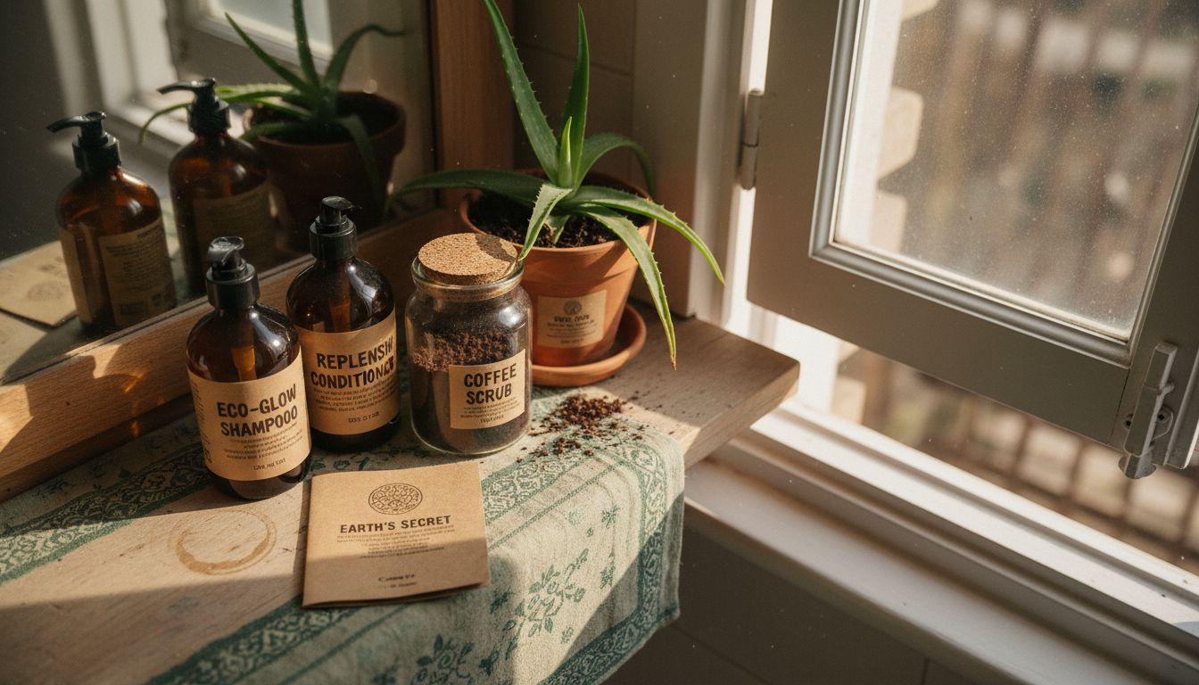 Sustainable beauty products and ingredients on shelf