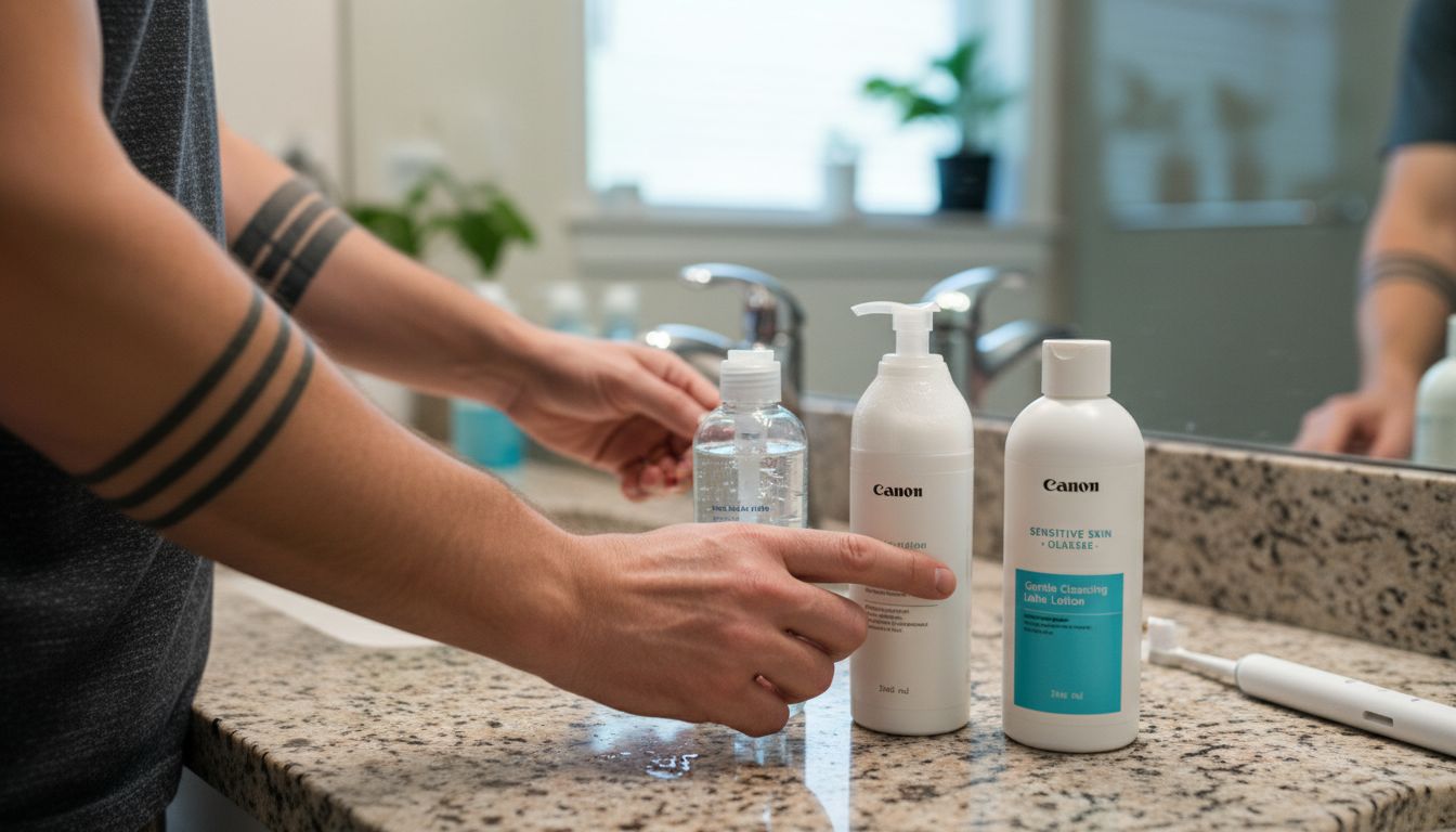 Man selecting face cleanser on bathroom counter