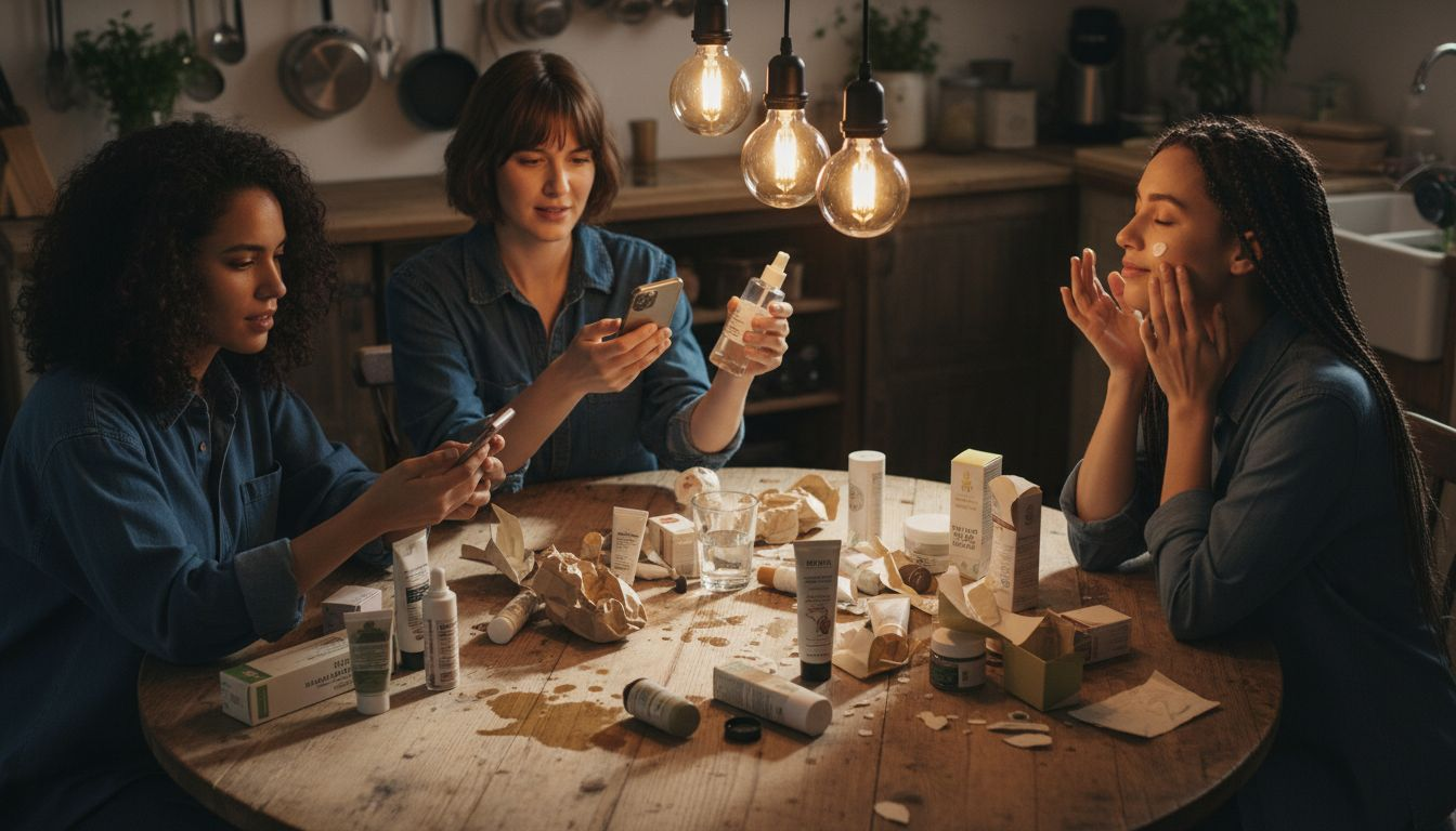 Friends compare skincare at kitchen table