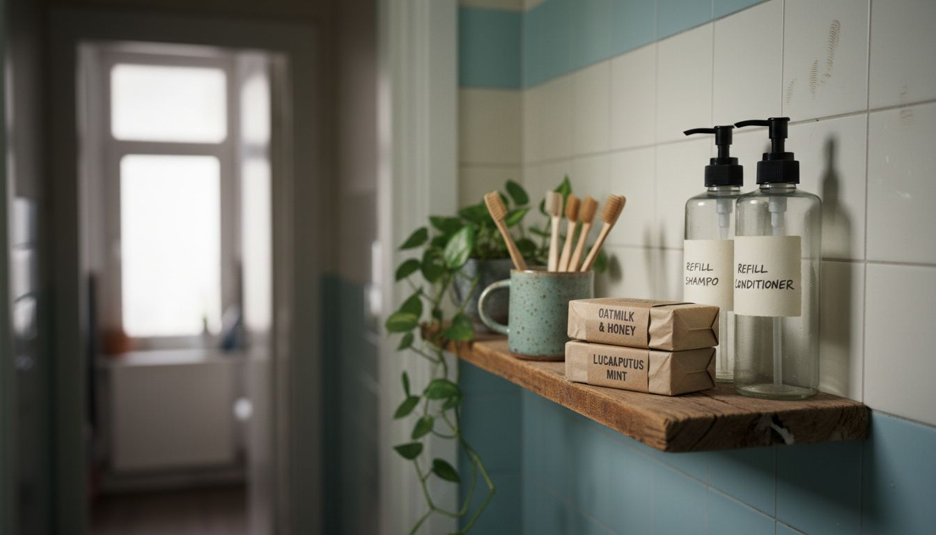 Sustainable beauty items arranged on bathroom shelf