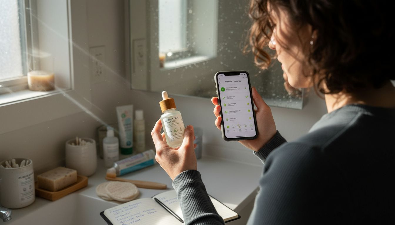 Person analyzing skincare ingredient label