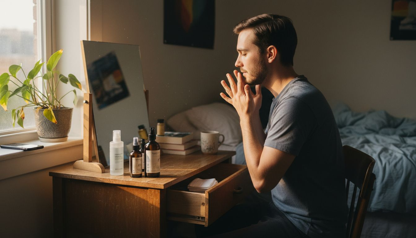 Man gently patting facial essence onto skin