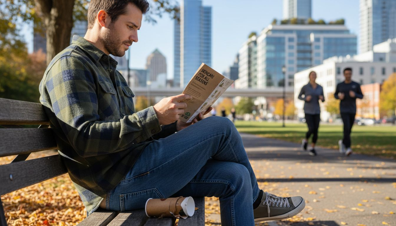Man reading skincare pamphlet outdoors