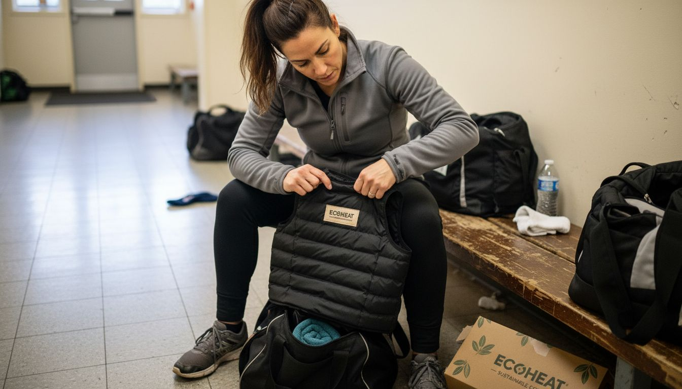 Woman examining heated vest and jacket fit