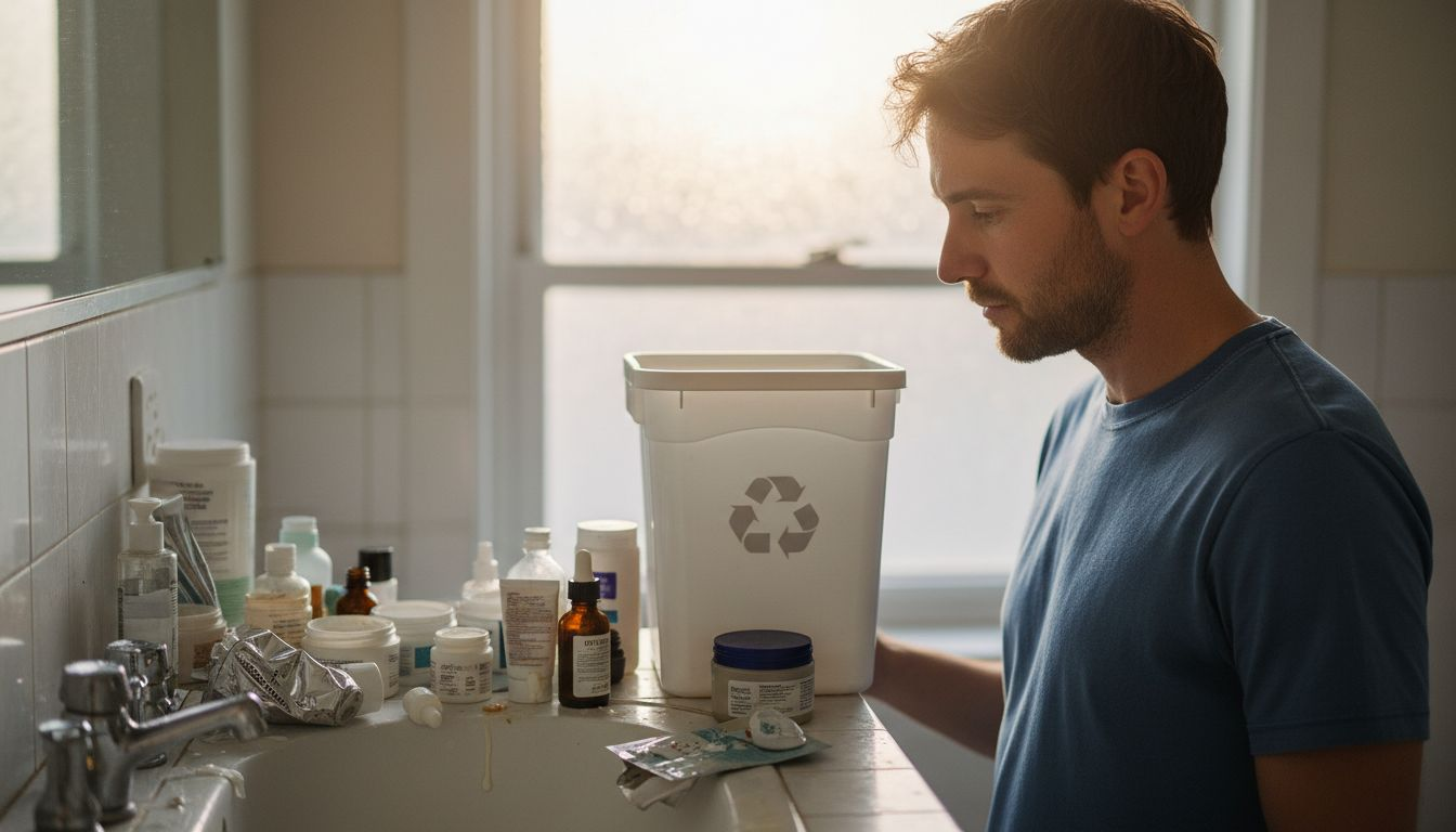 Bathroom counter with used skincare containers