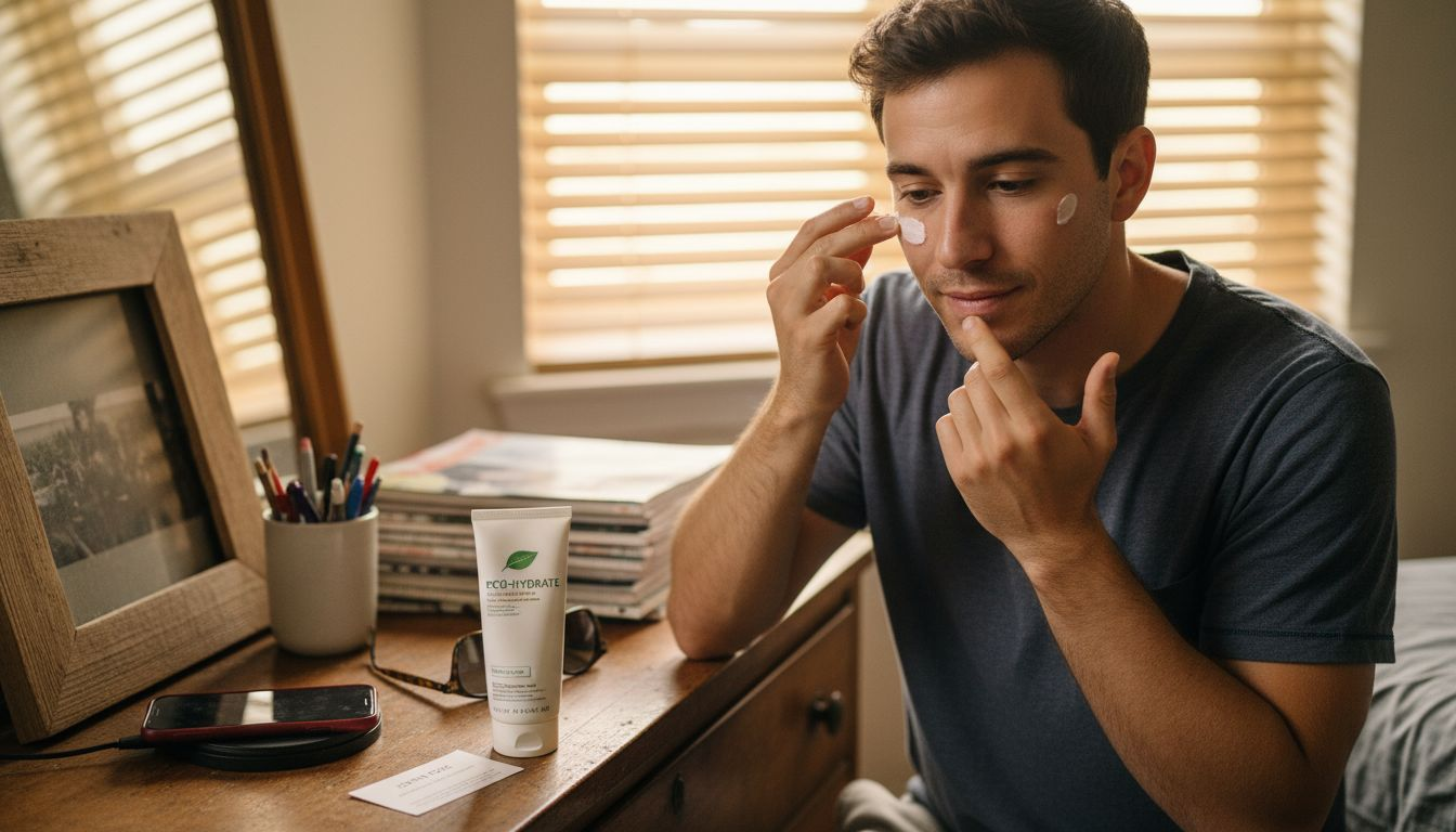 Man applying moisturizer at bedroom dresser