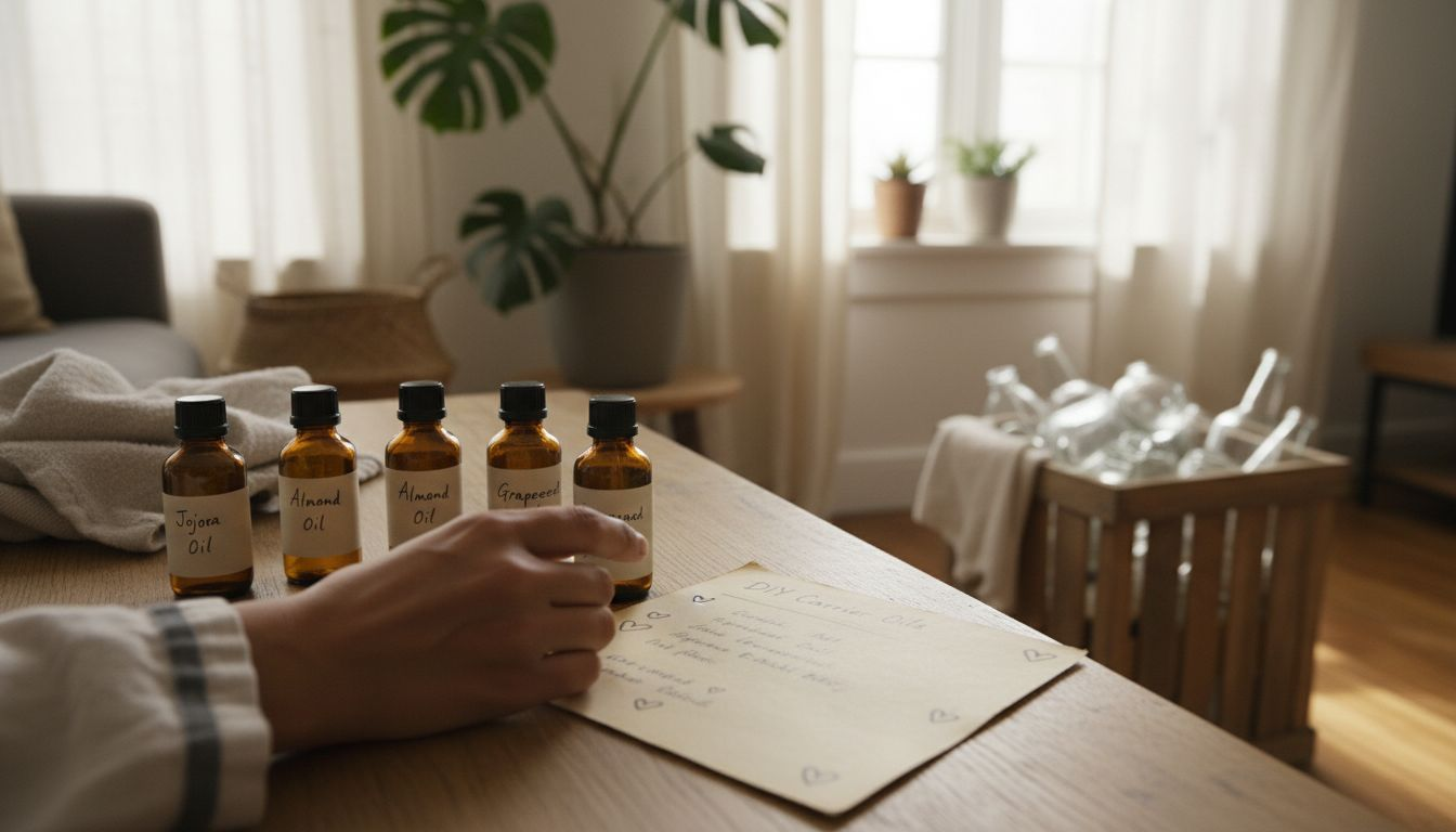 Hands selecting natural carrier oils bottles