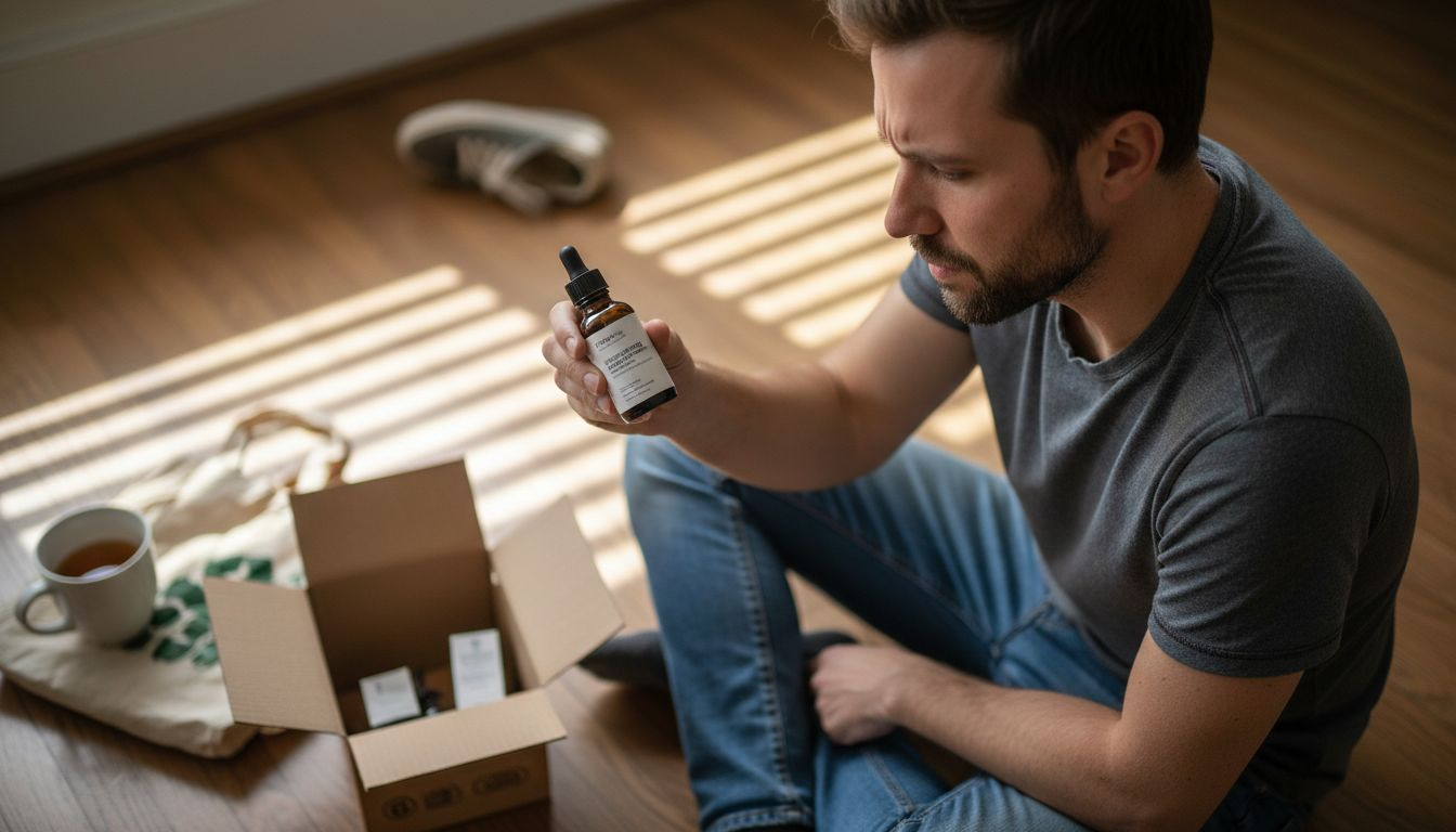 Man reading ethical beauty product label