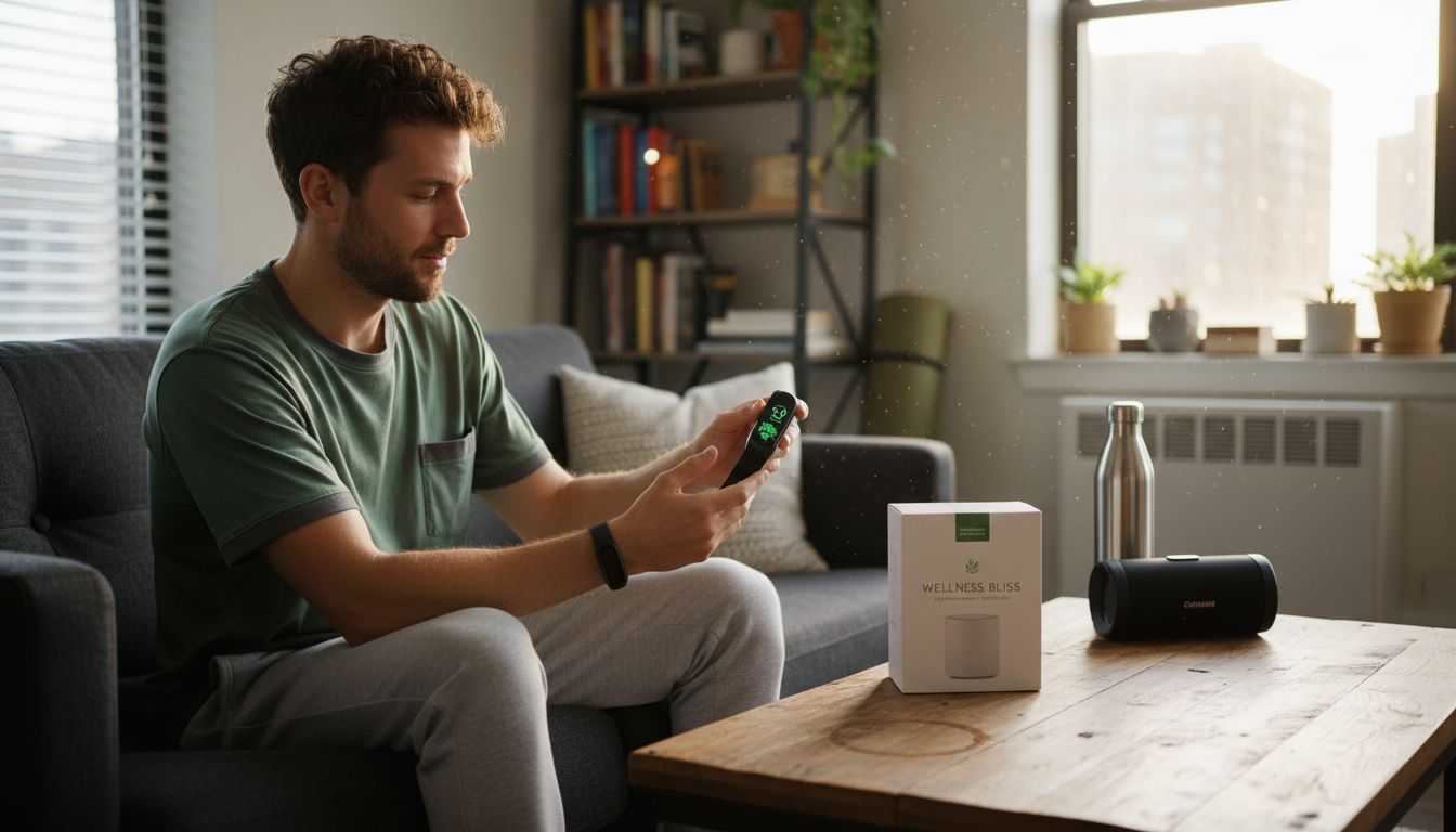 Man comparing wellness tech accessories at home