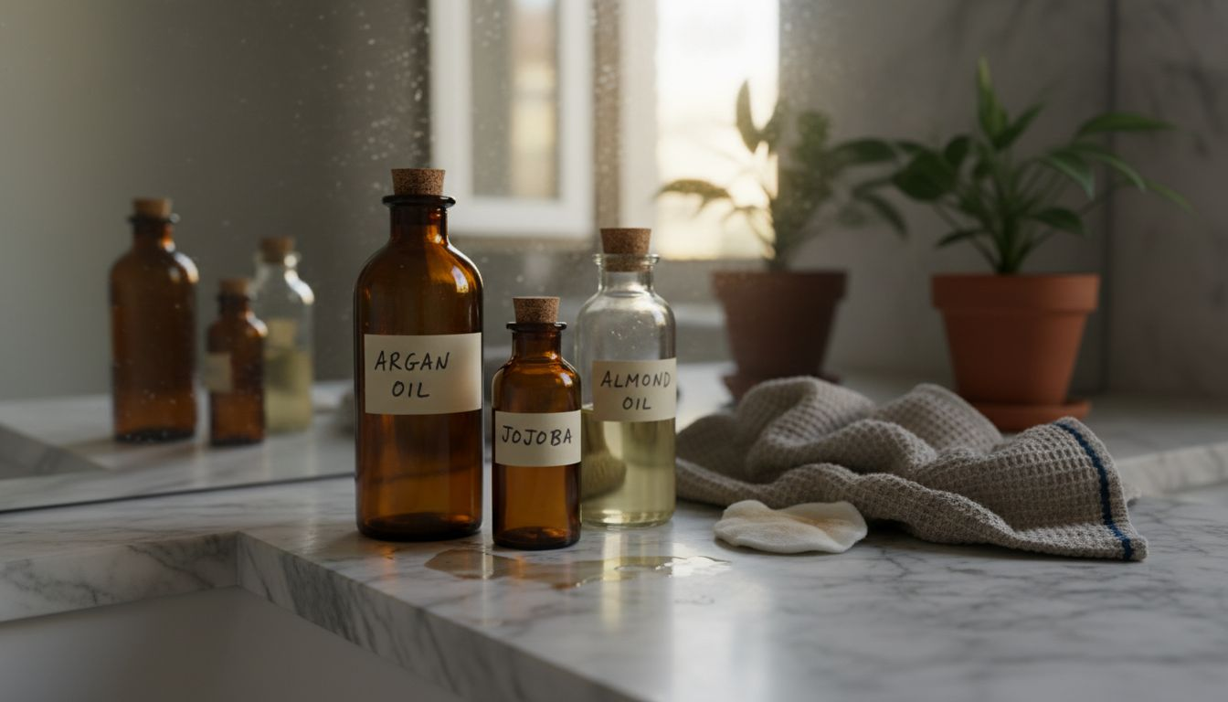 Skincare oils and washcloth on bathroom counter