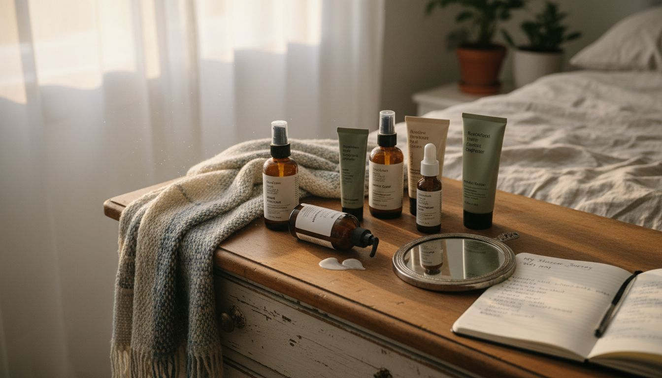 Skincare products scattered on bedroom dresser