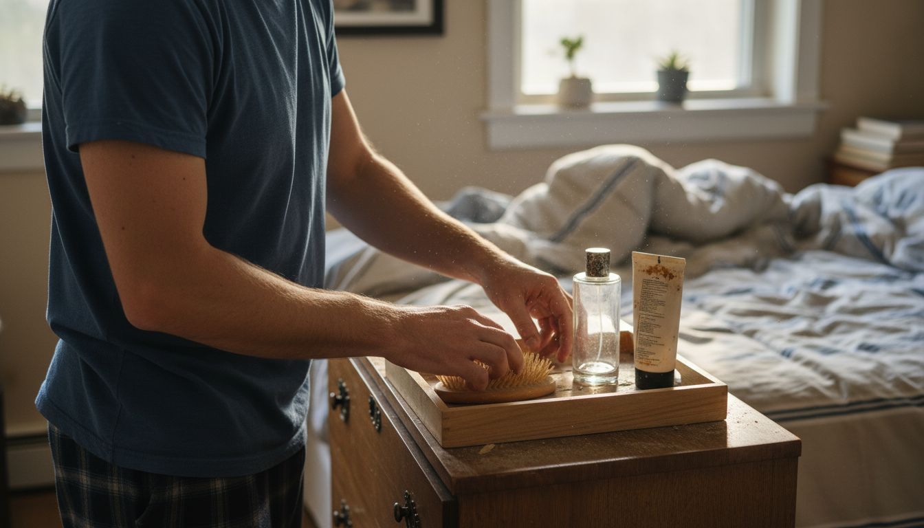 Man organizing grooming products on dresser
