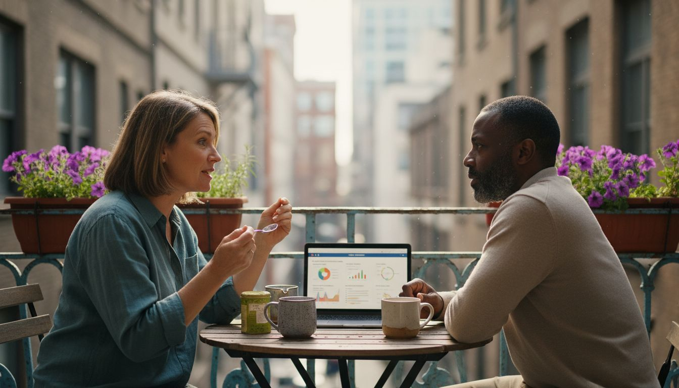 Friends discussing holistic health on balcony