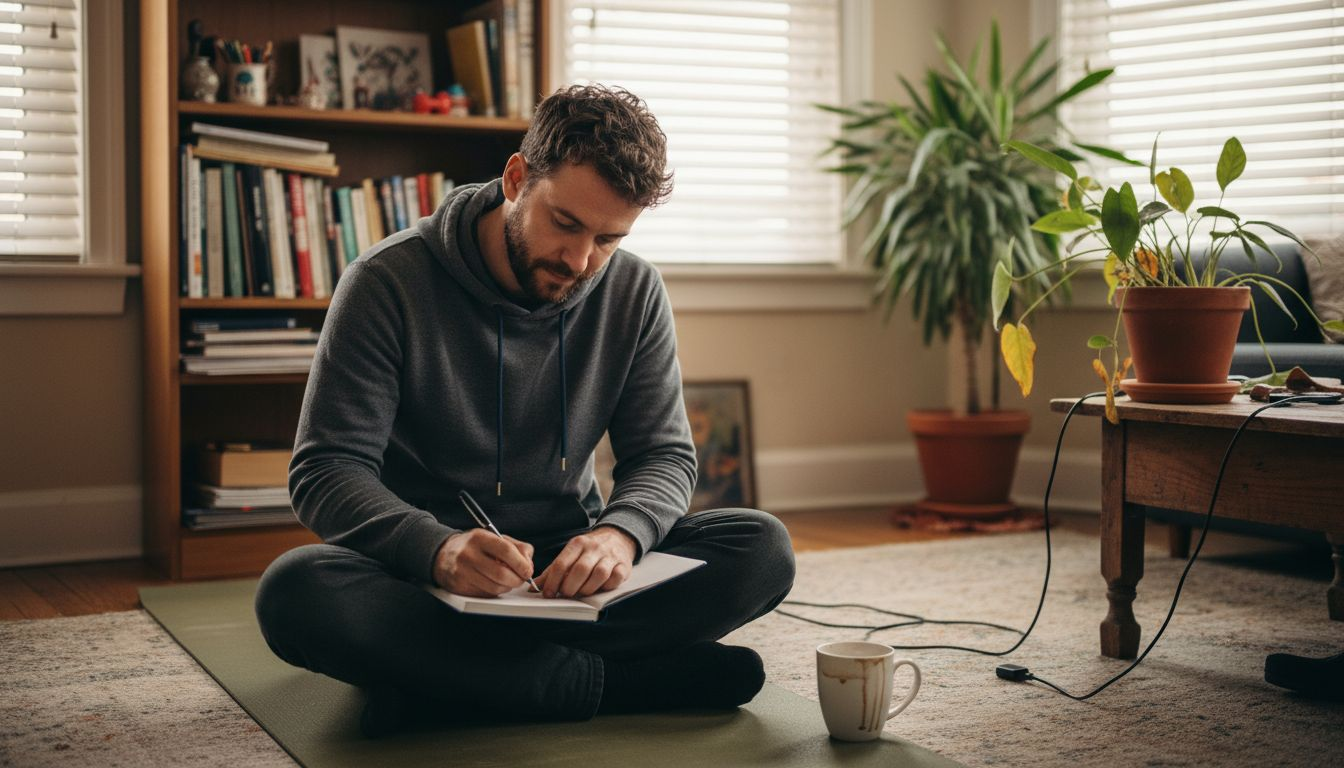 Man journaling self care habits at home