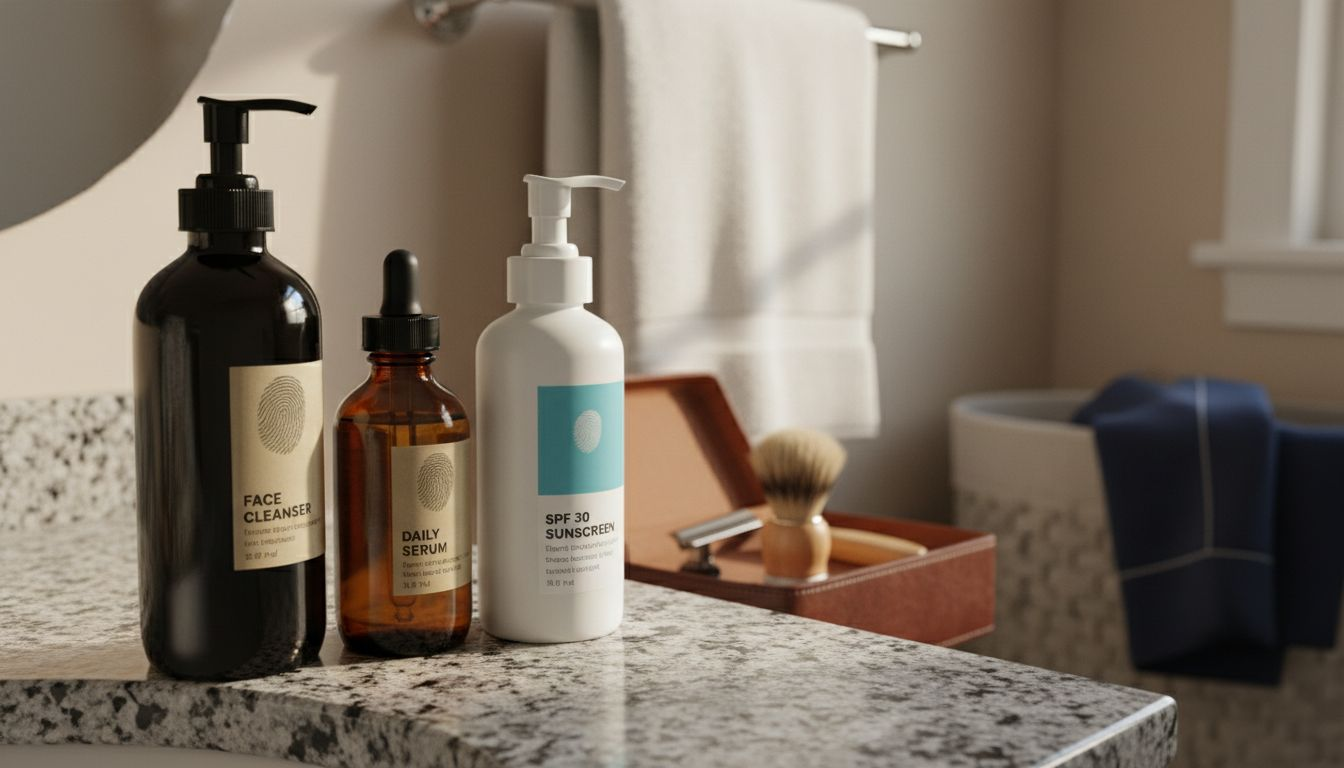 Men’s skincare products on bathroom counter