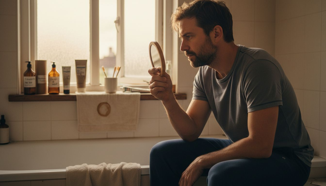 Man examining face with mirror in bathroom