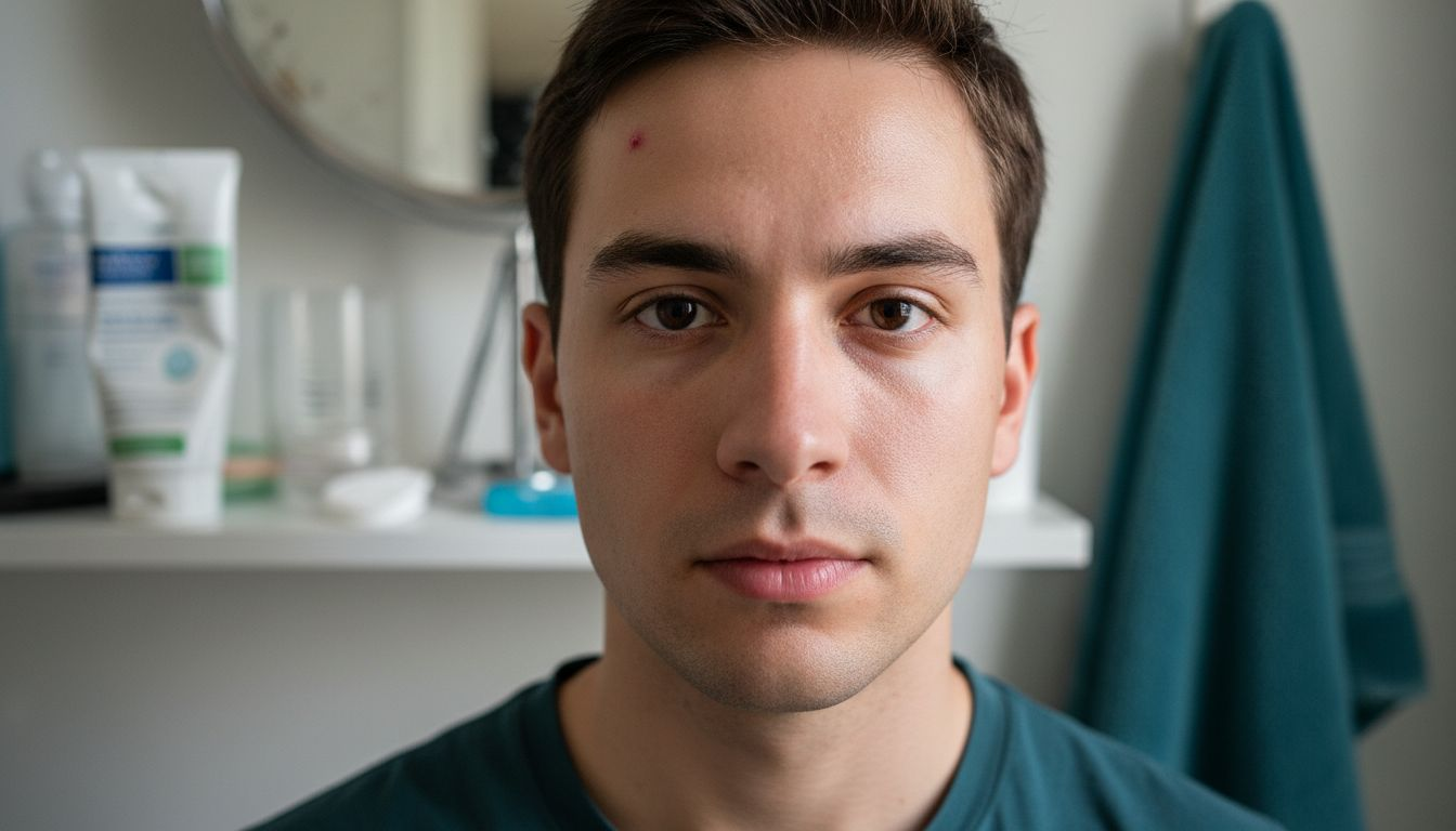 Close-up showing oily T-zone on man’s face