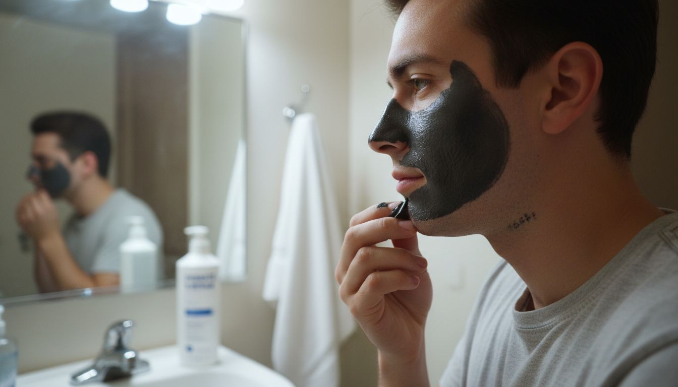 Close-up man peeling charcoal mask