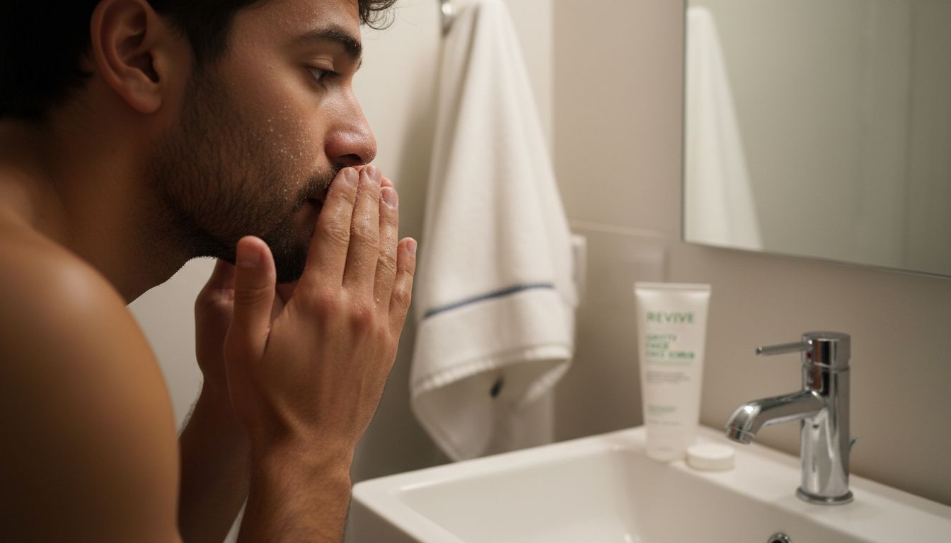 Close-up of man exfoliating face with scrub