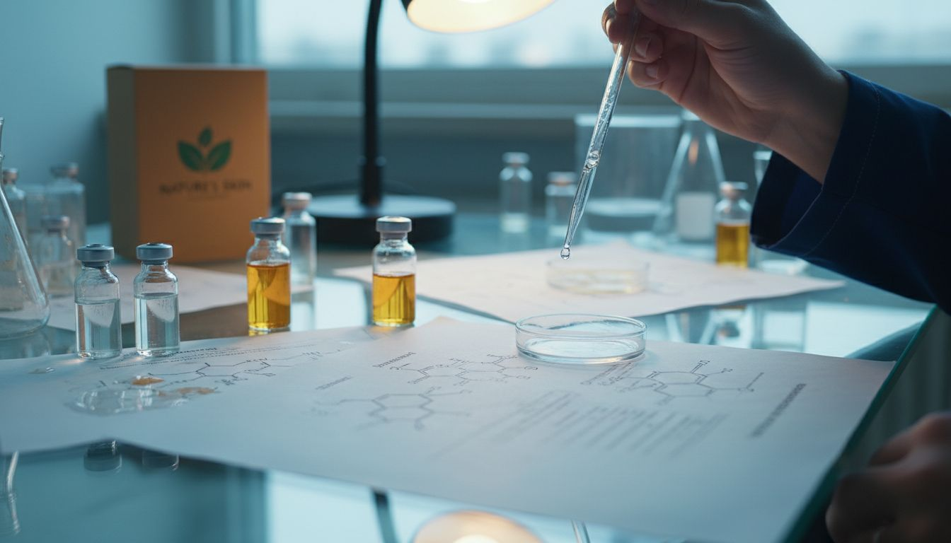 Lab bench with serum and molecular diagrams