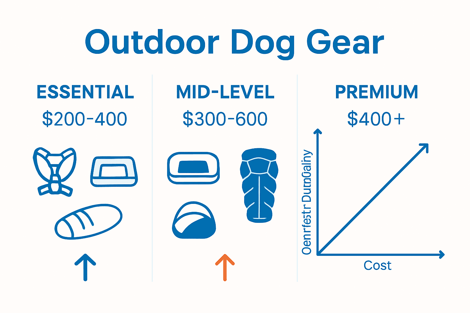 Infographic showing outdoor dog gear investment tiers by cost and features