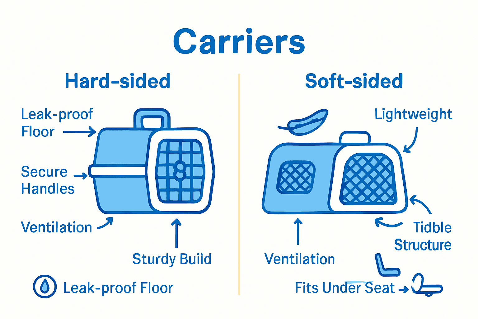 Infographic comparing hard-sided cargo carrier and soft-sided in-cabin dog carrier features.