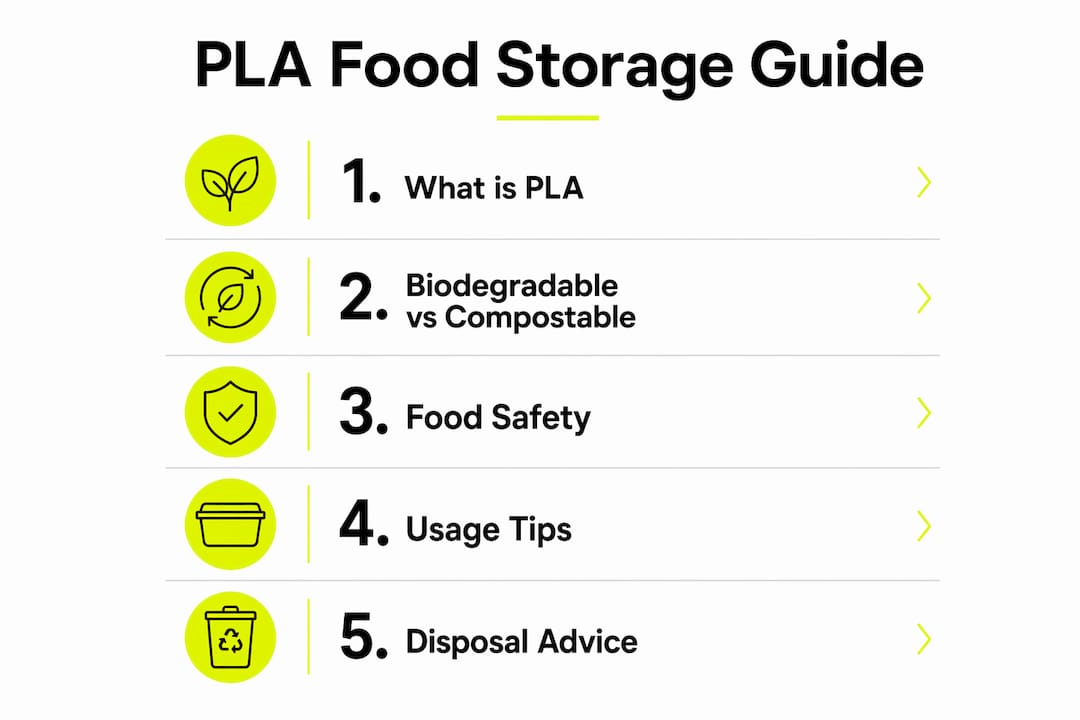 Vertical flow infographic of PLA food storage key points