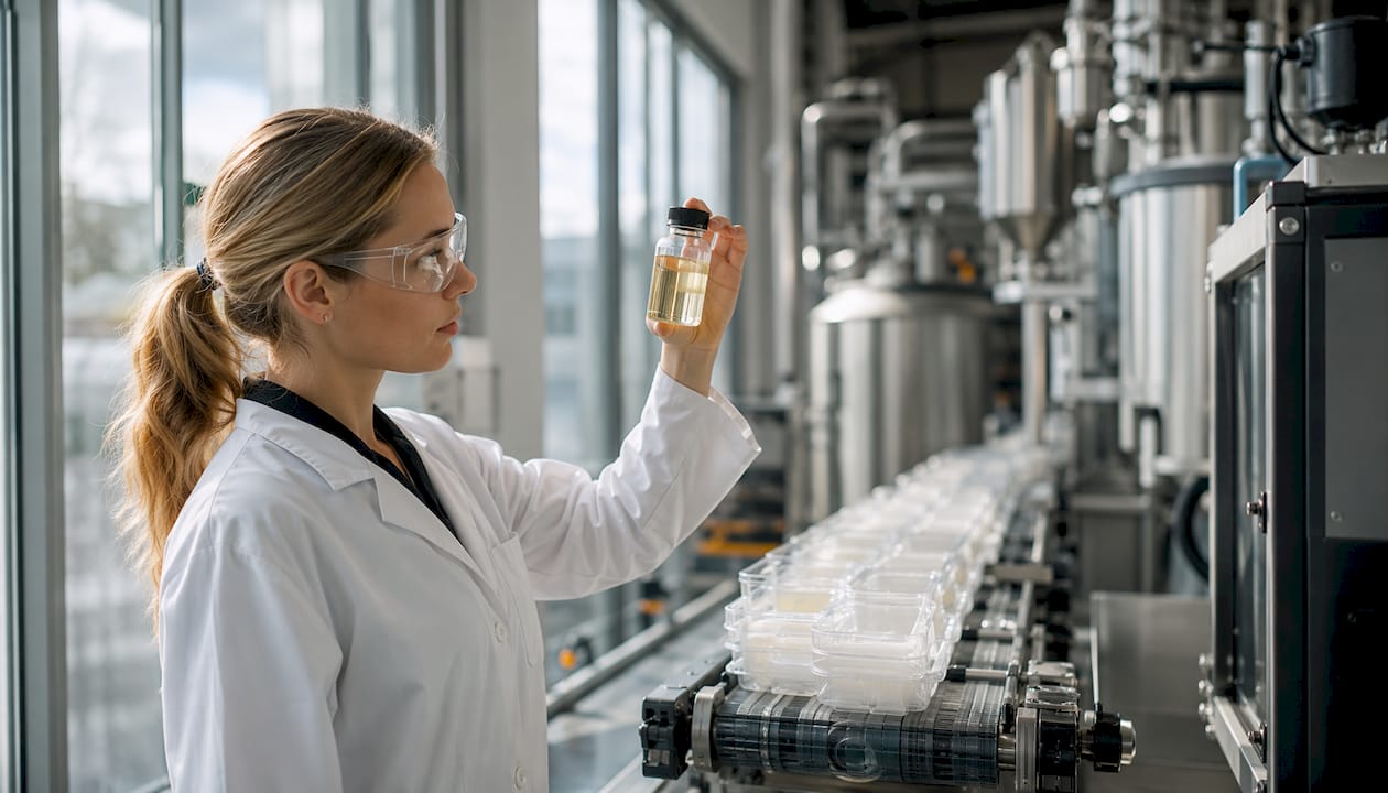 Technician holding PLA resin vial in factory
