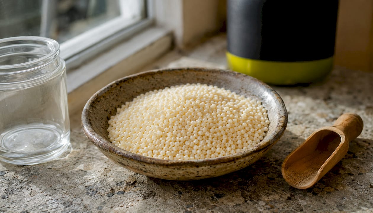 Close-up of PLA resin pellets in lab bowl