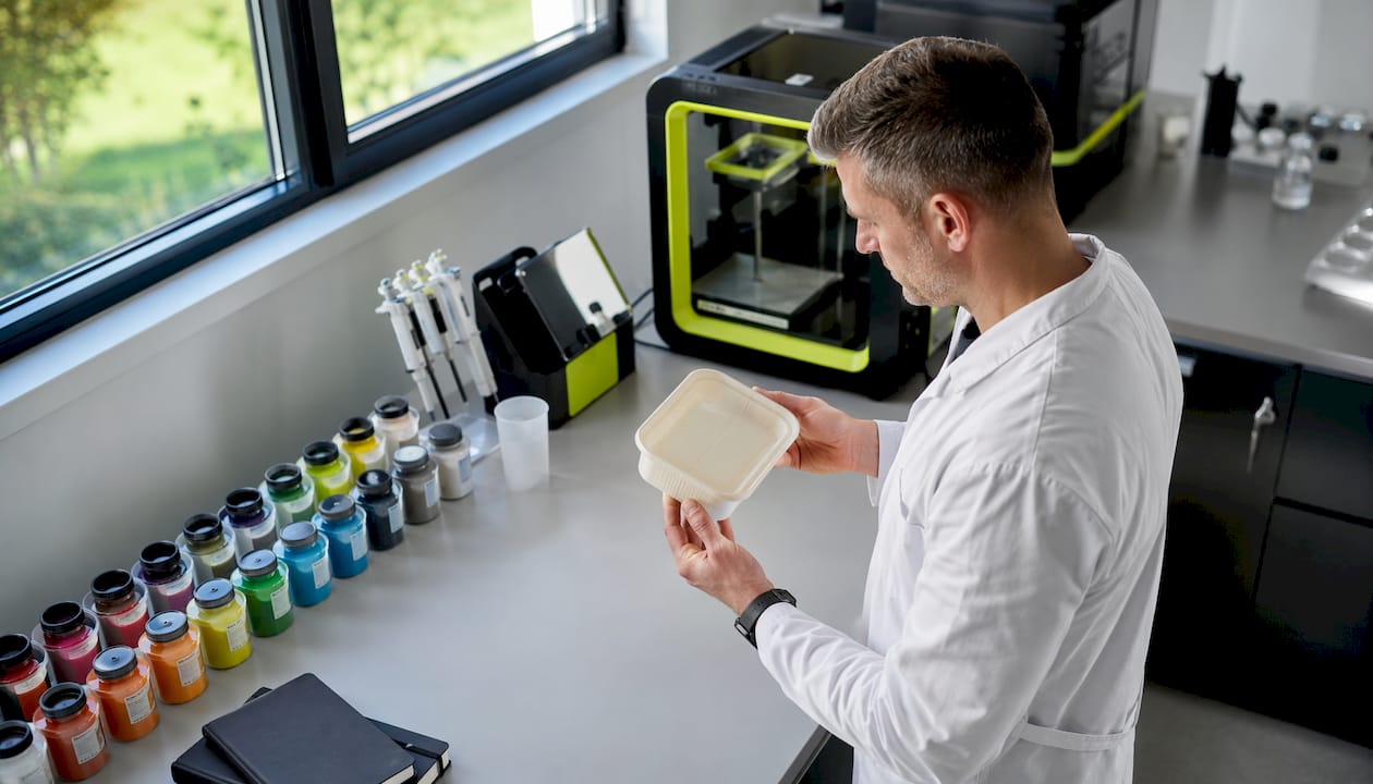 Technician inspecting 3D-printed PLA container