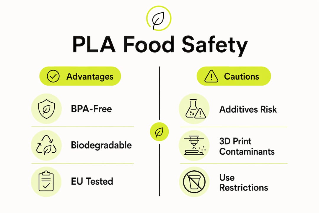Infographic comparing PLA food safety advantages and cautions