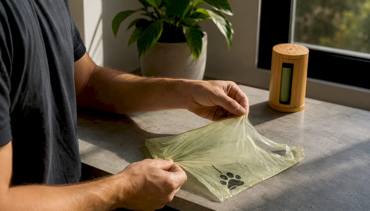 Hands testing stretch and tear of compostable dog bag