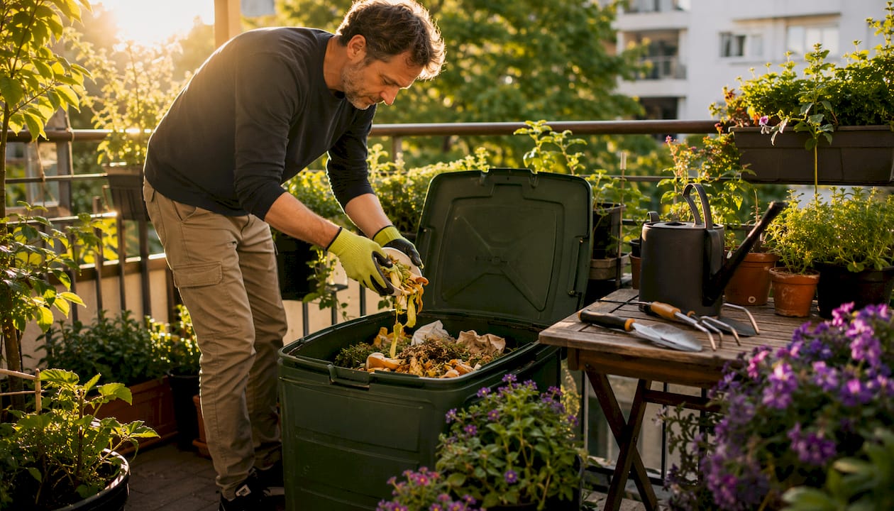 Man adding biodegradable waste to home compost bin