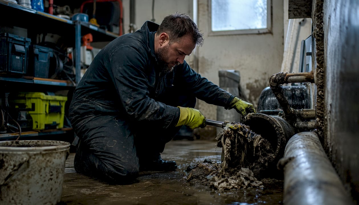 Hands clearing wipes from clogged sewer pipe