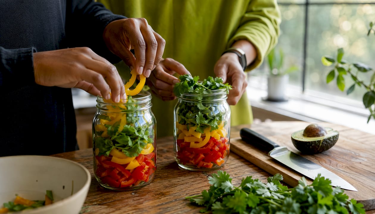 Hands filling glass jars with cut vegetables
