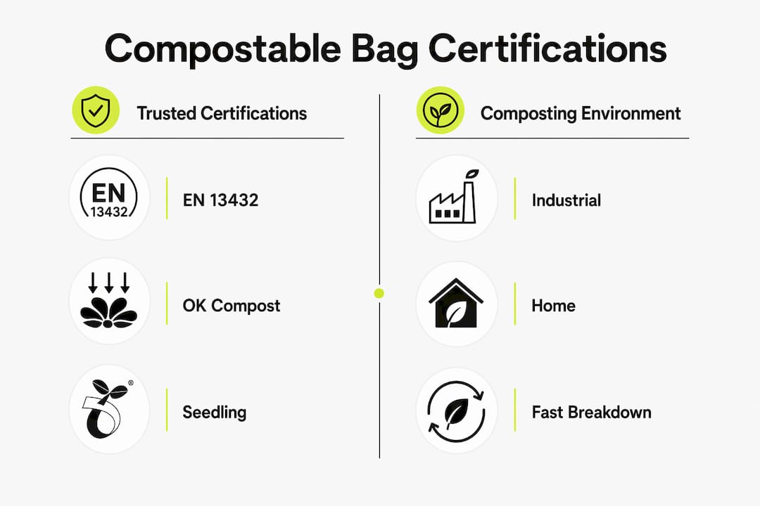 Infographic showing compostable bag certification types and composting environments