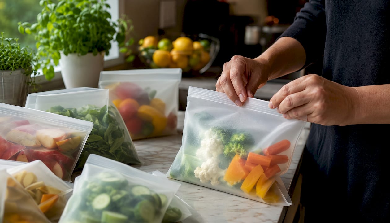 Hands sealing silicone reusable bags with fruits