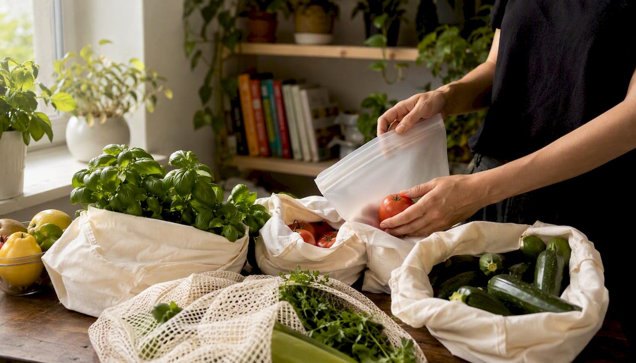 Organic cotton produce bags with fresh fruits and vegetables