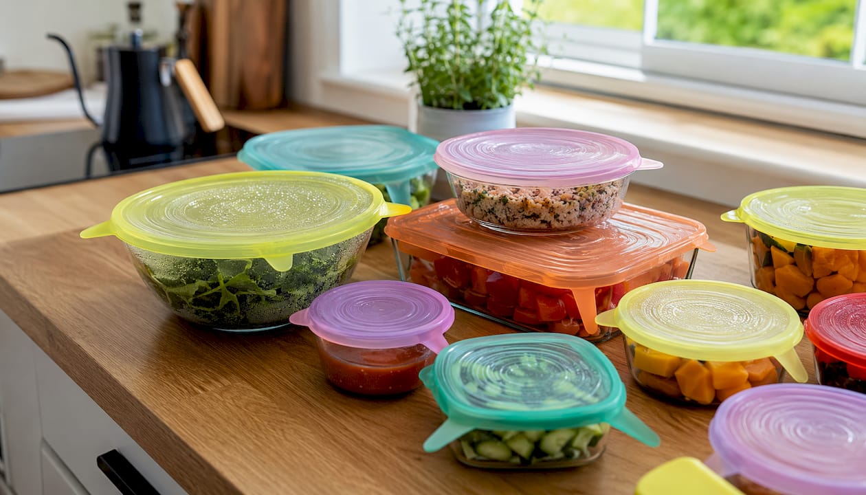 Silicone lids covering bowls in fridge