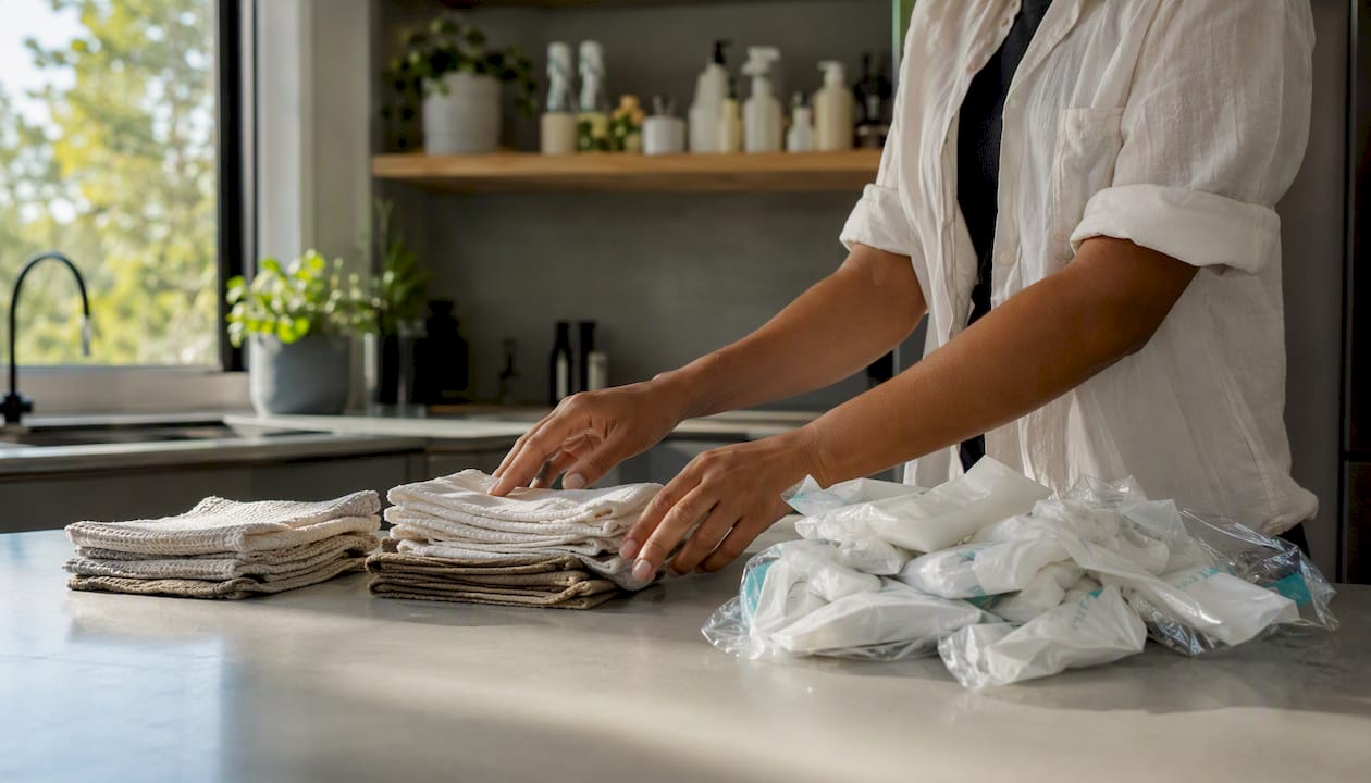 Comparison of single-use wipes and reusable cloths on table