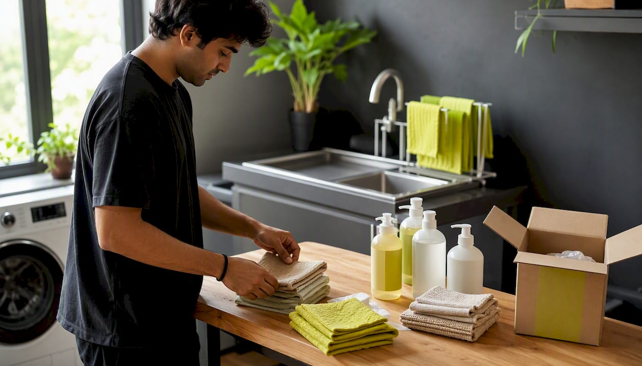 Man folding reusable plant-based cleaning cloths