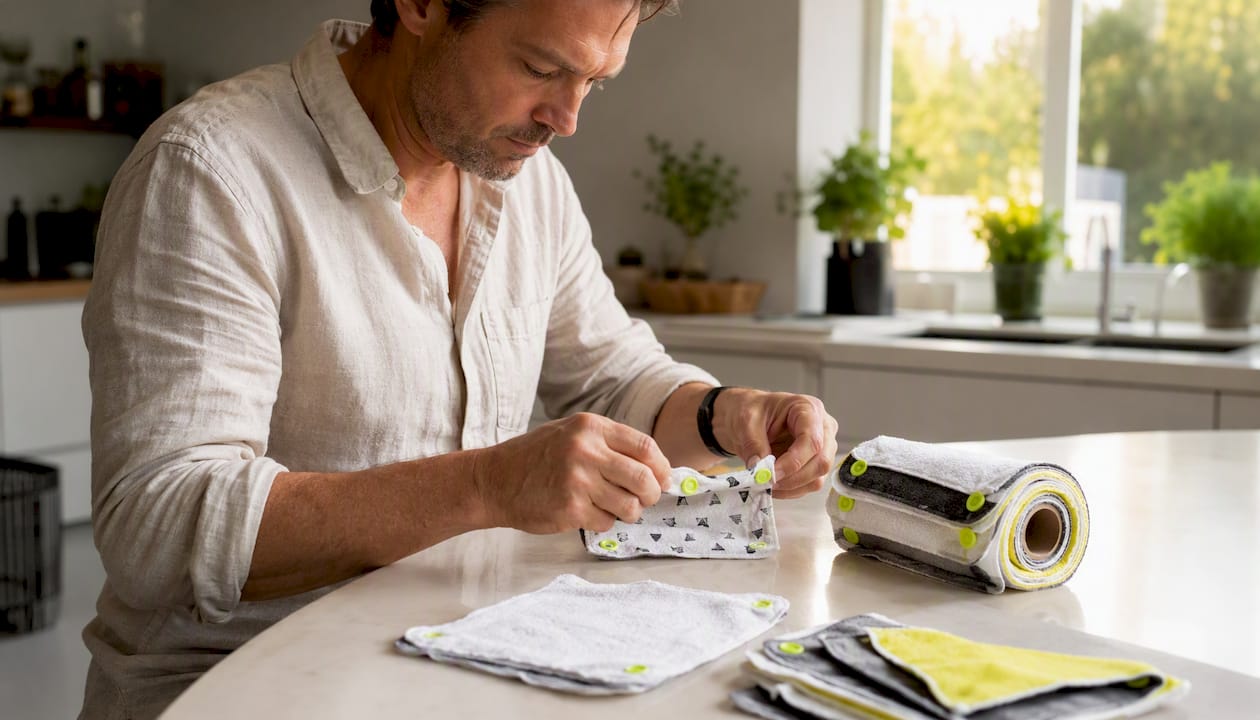 Man assembling unpaper towel roll squares