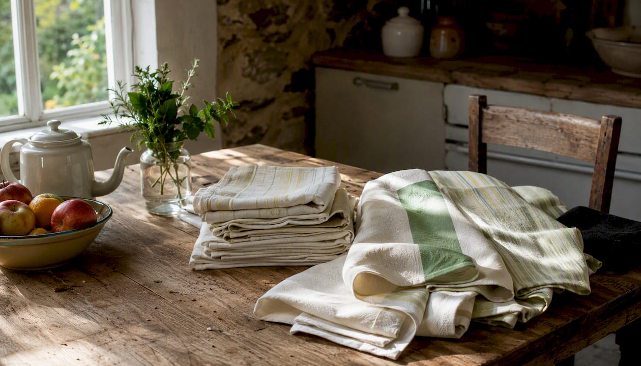 Folded cotton tea towels on kitchen table