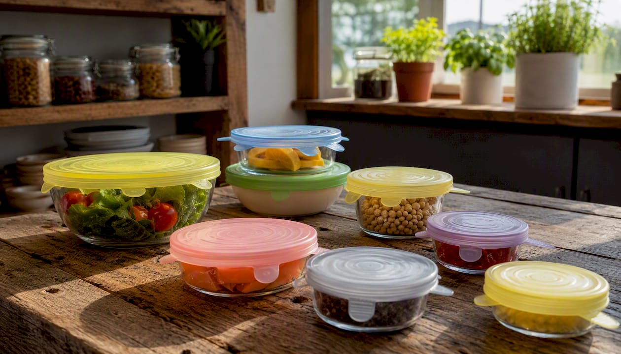 Silicone stretch lids covering kitchen bowls