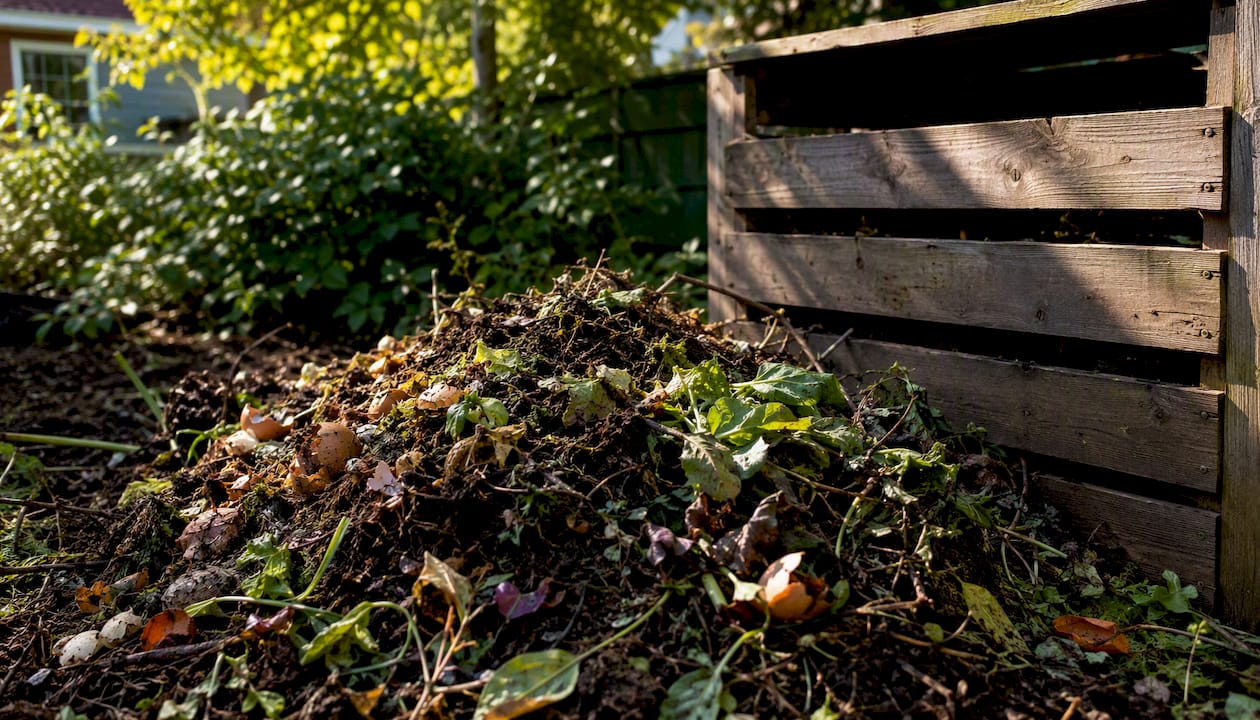 Home compost heap with breaking down scraps