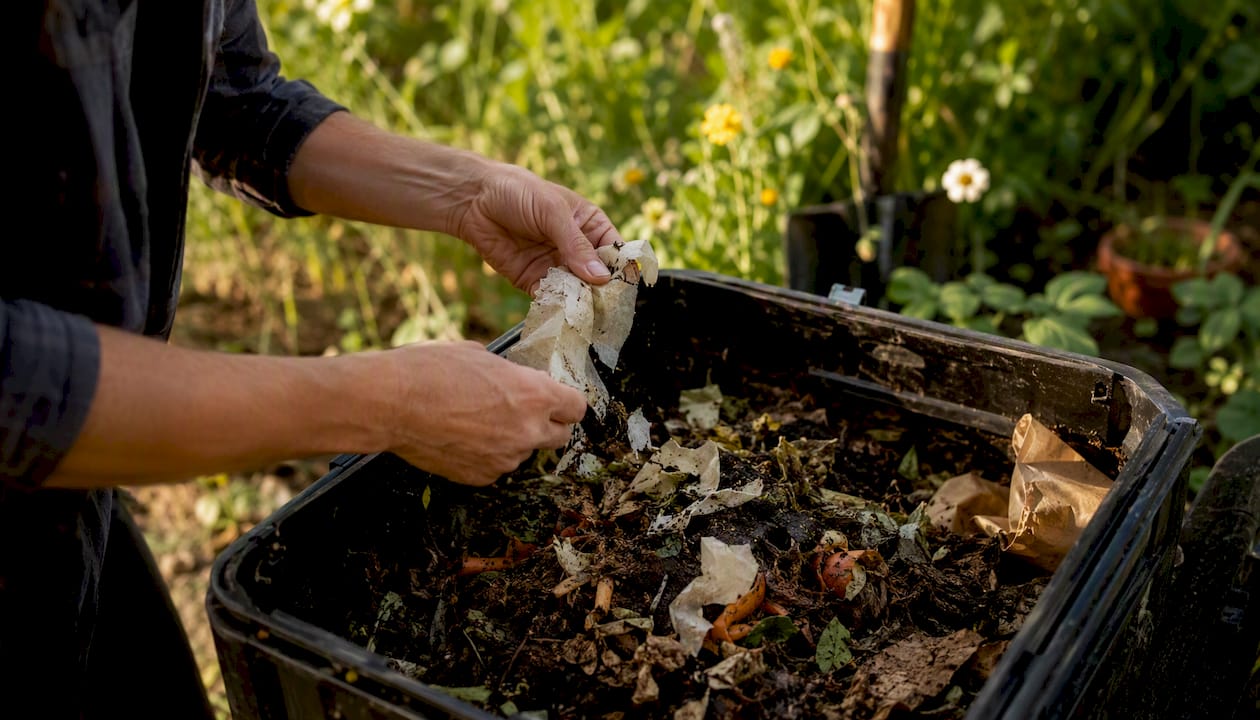 Hands shredding compostable cling film over garden compost