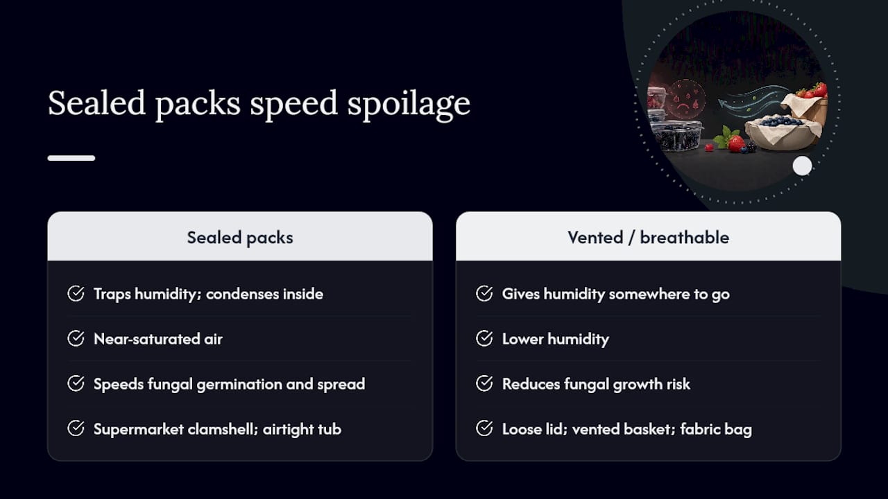 Why supermarket clamshells and airtight plastic speed up spoilage — overview diagram